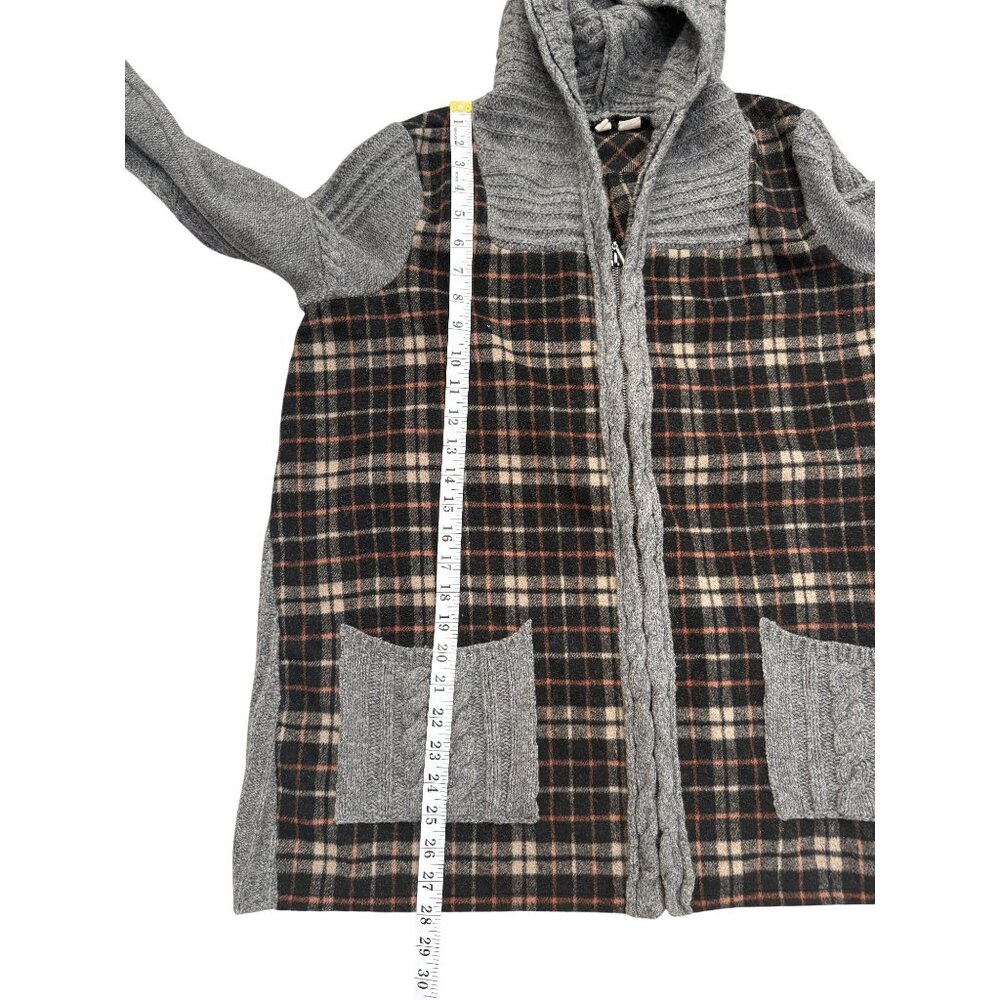 Anthropologie Moth Derry Plaid Jacket Hooded Cable Knit Sweater Wool Women Sz L - Picture 7 of 10